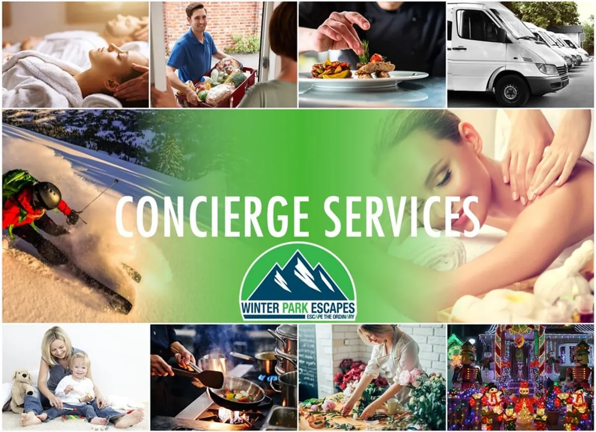 A visually engaging collage featuring various activities: skiing, spa treatments, fine dining, family time, and holiday celebrations, set against a backdrop branded with the Winter Park Escapes logo and concierge services title. The images evoke the full range of experiences available year-round, from winter sports to luxurious relaxation and festive gatherings.