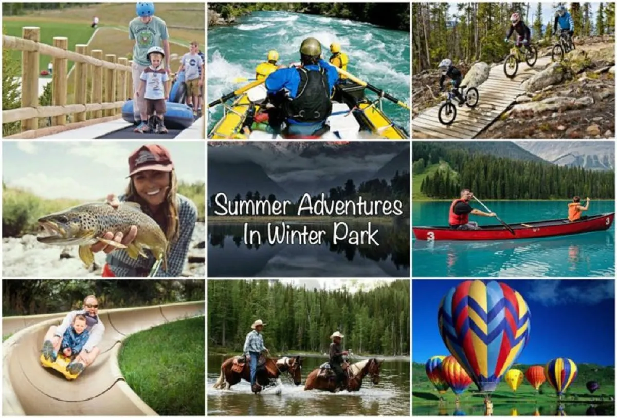 A lively panoramic view of various outdoor adventures during the warmer months, including families rafting on a river, biking along trails, fishing, canoeing, horseback riding, and even a glimpse of hot air balloons above majestic mountain landscapes. The setting evokes the thrill of exploring the outdoors as a family.