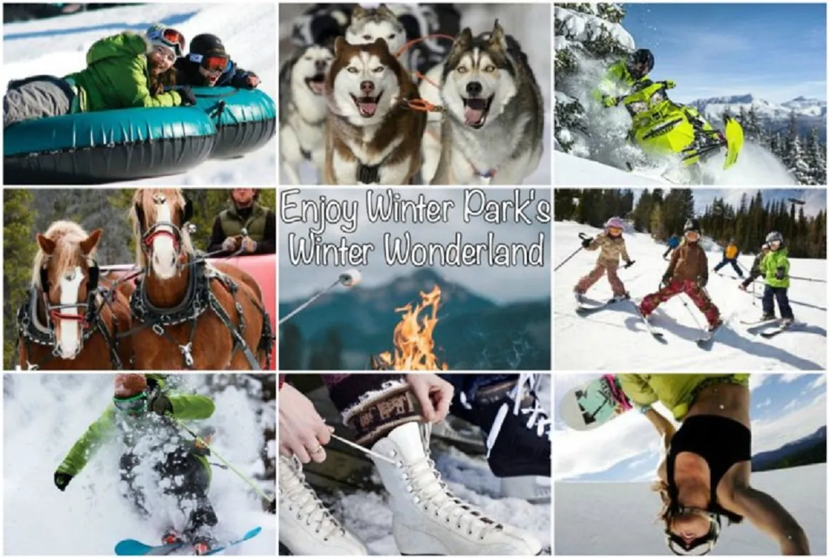 An energetic winter scene featuring people tubing down snowy hills, sled dogs ready for adventure, snowmobilers, horses pulling sleighs, a cozy campfire, families skiing, children playing in the snow, and ice skates. The landscape is blanketed in snow, with a festive and adventurous atmosphere.