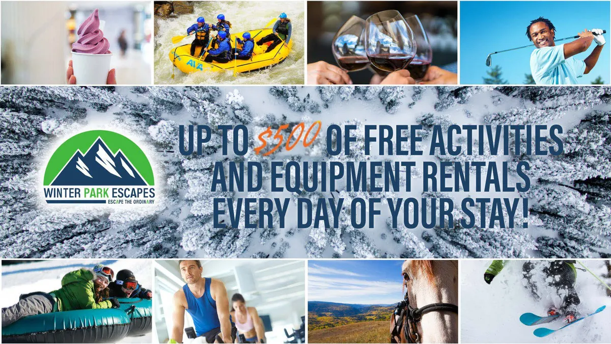 A vibrant collage-style image featuring a group of people partaking in adventure activities such as rafting, skiing, snow tubing, golfing, wine tasting, and horseback riding. The image conveys dynamic motion, diverse landscapes, and joyous group experiences, hinting at a variety of both outdoor and social activities available to guests.
